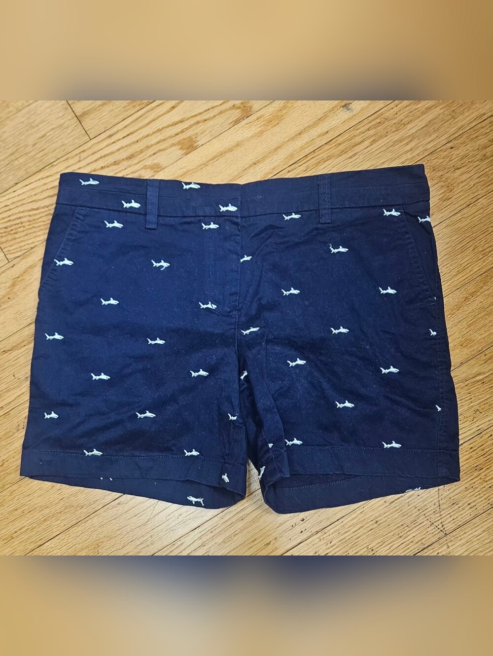 British Khaki Navy Shark-Embroidered Cotton Flat Front Shorts